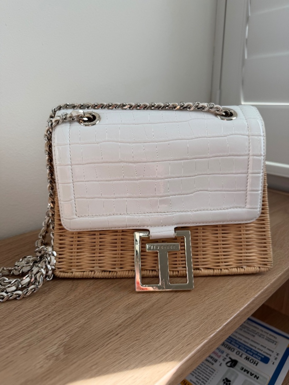Ted Baker Jalisa White Croc Rattan Wicker Basket Crossbody Bag